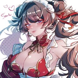 Rule 34 | 1girl, arsmgs sy, black hair, blush, breasts, character name, cleavage, detached sleeves, earrings, heart, highres, jewelry, large breasts, light smile, long hair, maid, maid day, maid headdress, mole, mole on breast, mole under eye, nijisanji, nijisanji en, scarle yonaguni, signature, solo, virtual youtuber