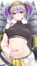 1girl absurdres black_shirt breasts clothes_around_waist drilley_(nikke) earrings fang goddess_of_victory:_nikke grey_hair highres jewelry kunimoto_rikuya looking_at_viewer medium_breasts midriff multicolored_hair navel purple_eyes purple_hair shirt single_sleeve skin_fang solo spread_navel stomach twintails