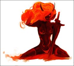 1girl colored_skin female_focus fiery_hair fire horns lowres odin_sphere orange_hair panties red_skin simple_background solo sword topless_female underwear vanillaware vulcan_(odin_sphere) weapon
