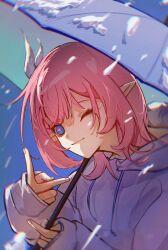 Rule 34 | 1girl, absurdres, blue eyes, blue umbrella, chinese commentary, chromatic aberration, closed mouth, commentary request, elysia (honkai impact), highres, holding, holding umbrella, honkai (series), honkai impact 3rd, hood, hoodie, long hair, one eye closed, pink hair, pink pupils, pointy ears, portrait, purple hoodie, rio (user kzxp8757), smile, snowing, solo, umbrella