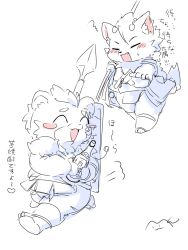 2boys animal_ears bear_boy bear_ears blush bottle cat_boy cat_ears cat_tail chibi chikuzen_(tamacolle) closed_mouth commentary_request facing_another furry highres holding holding_bottle male_focus mkz_kmn multiple_boys oosumi_(tamacolle) open_mouth polearm running sketch smile spear sweatdrop tail tamacolle translation_request weapon weapon_on_back white_background