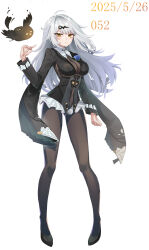 1girl absurdres bird black_bird black_pantyhose black_shirt black_unitard blue_flower blue_rose bodystocking breasts flower flower_on_chest full_body hair_ornament highres large_breasts long_hair official_alternate_costume pantyhose rose shirt single_hair_intake white_background white_hair yaoyaozi_bu_shi_renjian_yanhuo yellow_eyes yi_xuan_(trails_of_ink)_(zenless_zone_zero) yi_xuan_(zenless_zone_zero) zenless_zone_zero