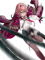 1girl black_gloves blue_eyes breasts cape fingerless_gloves gloves hair_between_eyes hairband head_wings high-waist_shorts highres holding holding_whip hololive large_breasts long_sleeves looking_at_viewer moto_oji-san necktie pantyhose pink_hair puffy_sleeves red_cape shirt short_hair shorts smile solo takane_lui takane_lui_(1st_costume) virtual_youtuber weapon whip white_shirt wings
