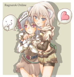 Rule 34 | 2girls, animal ears, armor, belt, black belt, black shorts, blue eyes, blush, brown skirt, cat ears, cat girl, closed mouth, commentary request, copyright name, cowboy shot, cropped jacket, cross of prontera, elbow gloves, gauntlets, gloves, green background, grey hair, heart, hug, hug from behind, hunter (ragnarok online), jacket, looking at viewer, lord knight (ragnarok online), lowres, midriff, multiple girls, navel, open mouth, pauldrons, pointy ears, purple eyes, ragnarok online, rylsnow, shadow, short hair, short sleeves, shorts, shorts under skirt, shoulder armor, skirt, smile, spoken heart, two-tone background, visor (armor), white jacket, yellow skirt