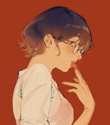 Rule 34 | 1girl, amo (amo 0514), blush, bra, bra visible through clothes, breasts, brown eyes, brown hair, chinese commentary, commentary request, earrings, finger to tongue, fingernails, from side, glasses, hair behind ear, hand up, highres, jewelry, lips, looking to the side, medium breasts, mole, mole under eye, nail polish, office lady, open mouth, original, pearl earrings, pink bra, profile, red background, red nails, see-through clothes, see-through shirt, shirt, short hair, sideways glance, simple background, solo, tongue, tongue out, underwear, upper body, white shirt