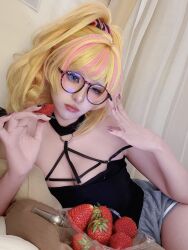 Rule 34 | 1girl, absurdres, adjusting eyewear, armpit crease, black camisole, black nails, blonde hair, blue eyes, camisole, choker, cosplay photo, food, fruit, grey shorts, gyaru, hair ornament, hair scrunchie, half-closed eye, highres, kikuro 815, kotoka torahime, kotoka torahime (3rd costume), lying, multicolored nails, nail polish, nijisanji, nijisanji en, o-ring, o-ring choker, o-ring top, official alternate costume, official alternate hairstyle, on side, photo (medium), pink lips, pink nails, pink streaks, round eyewear, scrunchie, shorts, single off shoulder, spaghetti strap, strap, strawberry