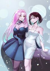 Rule 34 | 2girls, absurdres, alien stage, alternate costume, black choker, black dress, black gloves, black hair, black pantyhose, breasts, bright pupils, choker, cleavage, commentary, dress, earrings, elbow gloves, floating earrings, gloves, halo, heart, highres, jewelry, large breasts, long hair, medium hair, mizi (alien stage), mizurko, multiple girls, necklace, off-shoulder dress, off shoulder, pantyhose, pearl necklace, pencil dress, pink hair, purple eyes, signature, star (symbol), strapless, strapless dress, sua (alien stage), symbol-only commentary, very long hair, white dress, white pupils, yellow eyes