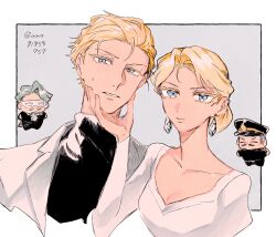 1boy 1girl alternate_costume artist_name ascot atsuage_(amo91958757) beard black_hat black_shirt blonde_hair blue_eyes border breasts brother_and_sister challia_bull char_aznable chibi chibi_inset cleavage colored_eyelashes commentary_request dress earrings facial_hair formal_clothes green_hair grey_background gundam gundam_gquuuuuux hair_bun hair_slicked_back hand_on_another&#039;s_chin hat highres jacket jewelry lapels long_sleeves looking_at_viewer mask mustache notched_lapels outside_border parted_lips peaked_cap ramba_ral sayla_mass shirt short_hair siblings simple_background small_breasts sweat turtleneck twitter_username upper_body v-neck white_ascot white_border white_dress white_jacket