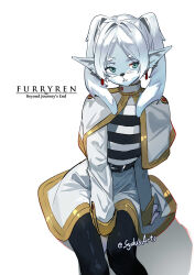 1girl animal_ears artist_name belt belt_buckle black_pantyhose buckle capelet cat_ears commentary english_commentary english_text frieren furrification furry gold_trim green_eyes grey_fur highres long_sleeves pantyhose pointy_ears pun shirt signature simple_background sitting skirt sleeve_cuffs solo sousou_no_frieren striped_clothes striped_shirt sydus twitter_username white_background white_capelet white_hair white_skirt