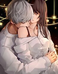 1boy 1girl arms_around_waist blush breasts brown_hair closed_eyes couple elusive_sadie grey_hair hair_between_eyes hetero highres hug hug_from_behind long_hair long_sleeves love_and_deepspace medium_breasts parted_lips protagonist_(love_and_deepspace) short_hair single_bare_shoulder spaghetti_strap sweater upper_body white_sweater xavier_(love_and_deepspace)