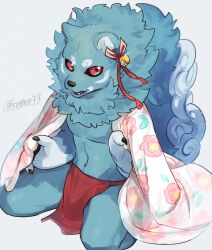 1boy aizawa_(nh_st) black_sclera blue_fur body_fur claws coat colored_sclera commentary_request ear_bell furry furry_male grey_background highres loincloth looking_at_viewer male_focus original red_eyes simple_background solo tail white_coat wolf_boy