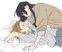 2girls akiyama_mio black_hair blue_skirt blush brown_hair brown_sweater closed_eyes closed_mouth dayama flat_color grey_shirt grin hairband highres k-on! long_hair medium_hair multiple_girls on_bed pillow shirt simple_background skirt smile sweatdrop sweater tainaka_ritsu teeth white_background yellow_hairband yuri