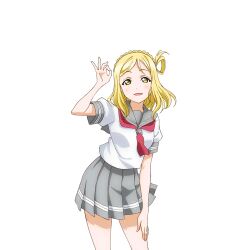 Rule 34 | 1girl, :d, anime coloring, blonde hair, blush, braid, cowboy shot, crown braid, grey sailor collar, grey skirt, hair rings, hand on own thigh, hand up, long hair, looking at viewer, love live!, love live! school idol festival, love live! sunshine!!, miniskirt, neckerchief, official art, ohara mari, ok sign, open mouth, pleated skirt, red neckerchief, sailor collar, school uniform, serafuku, shirt, short sleeves, single hair ring, skirt, smile, solo, standing, summer uniform, tareme, tie clip, transparent background, uranohoshi school uniform, white shirt, yellow eyes