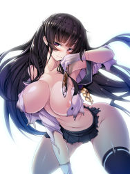 1girl animal areola_slip arm_up armpits asymmetrical_legwear black_hair black_skirt black_thighhighs blunt_bangs blush breasts collarbone covered_erect_nipples damaged female_focus fish floating_hair gloves hair_ornament hair_ribbon highres holding holding_animal holding_fish isokaze_(kancolle) kantai_collection large_breasts leaning_forward long_hair long_sleeves looking_at_viewer navel no_bra no_panties pleated_skirt red_eyes ribbon saury school_uniform seductive_smile serafuku shiny_skin shirt simple_background single_thighhigh skirt smile solo stomach thighhighs thighs torisan torn_clothes torn_shirt torn_skirt uneven_legwear white_background white_gloves white_shirt
