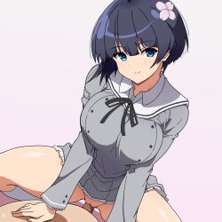 1boy 1girl blue_eyes blue_hair bowl_cut breasts censored closed_mouth clothed_female_nude_male clothed_sex commentary_request cowgirl_position flower gessen_academy_school_uniform girl_on_top hair_flower hair_ornament happy_sex hetero highres large_breasts nude oyashimakanya penis pov school_uniform senran_kagura sex short_hair smile solo_focus spread_legs straddling vaginal yozakura_(senran_kagura)