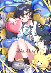 1girl balloon black_hair black_socks blue_archive blue_halo blue_jacket blue_necktie blue_sweater_vest chihiro_(blue_archive) collared_shirt commentary dated english_commentary from_above green_eyes hair_ornament halo hand_in_pocket hand_up happy_birthday heart_balloon highres id_card jacket knees_up lanyard lying medium_hair multicolored_jacket necktie on_back one_eye_closed open_clothes open_jacket parted_lips rabbit_hair_ornament ryusei_(ster0629) shirt shoes sneakers socks solo sweater_vest two-tone_jacket white_jacket white_shirt white_shoes