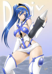 1girl blue_eyes blue_hair breasts female_focus hat large_breasts long_hair matching_hair/eyes mitarashi_kousei pen pixiv pixiv-tan side_ponytail solo thighhighs underboob