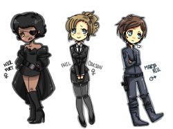 1boy 2girls avengers_(series) bare_legs chibi dark_skin eyepatch formal_clothes genderswap genderswap_(ftm) genderswap_(mtf) maria_hill marvel multiple_girls nick_fury phil_coulson short_hair smile suit