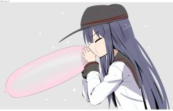 10s 1girl akatsuki_(kancolle) akatsuki_kai_ni_(kancolle) balloon black_hat black_sailor_collar closed_eyes condom condom_balloon female_focus flat_cap from_side grey_background hat heavens_thunder_(byakuya-part2) highres kantai_collection long_hair long_sleeves purple_hair sailor_collar school_uniform serafuku solo twitter_username