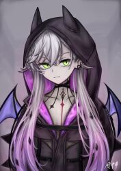 1girl black_jacket body_markings breasts choker cleavage crossed_bangs demon_girl demon_horns demon_wings ear_piercing fate/grand_order fate_(series) fuugami green_eyes grey_hair hair_between_eyes highres hood horns jacket lilith_(fate) lilith_(first_ascension)_(fate) long_hair long_sleeves looking_at_viewer low_twintails medium_breasts piercing smile solo twintails wings