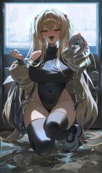 1girl absurdres bag bare_shoulders black_leotard blonde_hair borrowed_character breasts can commentary covered_collarbone covered_navel drink_can earrings foam grey_jacket groin hair_between_eyes hair_bobbles hair_ornament hair_over_shoulder heattech_leotard highleg highleg_leotard highres hoop_earrings jacket jewelry large_breasts leotard long_hair looking_at_viewer off_shoulder on_one_knee open_clothes open_jacket open_mouth original plastic_bag red_eyes saliva sayuri_(k_pring) shoes sidelocks skindentation sneakers solo teeth thighhighs tongue tongue_out turtleneck twintails upper_teeth_only vending_machine very_long_hair white_shoes zutsuyaku