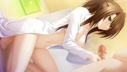 1boy 1girl bare_legs barefoot bottomless breasts brown_hair censored coat collarbone dare_ga_koroshita_komadori_wo dutch_angle game_cg green_eyes hair_between_eyes handjob hetero indoors kawano_ran lab_coat long_hair long_sleeves medium_breasts mosaic_censoring naked_coat navel nipples parted_lips penis ponytail suien