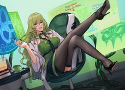 1girl black_gloves black_pantyhose black_skirt black_thighhighs book breasts cake cake_slice coat commentary earrings english_commentary farcicalhelix food fork gloves green_hair green_shirt highres holding holding_fork holding_notepad holographic_interface honkai_(series) honkai_impact_3rd indoors jewelry lab_coat large_breasts long_hair mobius_(honkai_impact) mobius_(pre-surgery)_(honkai_impact) notepad pantyhose parted_lips pencil_skirt shirt signet_of_infinity single_leg_pantyhose single_thighhigh skirt solo swivel_chair thighhighs very_long_hair white_coat