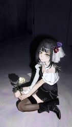 1girl absurdres black_boots black_dress black_hair blonde_streaks boots breasts cleavage closed_mouth dress flower full_body high_heel_boots high_heels highres holding holding_flower idolmaster idolmaster_shiny_colors ikaruga_luca indoors looking_at_viewer medium_hair multicolored_hair on_floor shadow single_sleeve single_thighhigh sitting solo streaked_hair thighhighs tomber wariza yellow_eyes