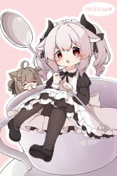 1065082227 2girls :o absurdres ahoge animal_ears apron black_dress black_pantyhose black_shoes blush bow brown_hair cat_ears chibi closed_eyes cup dress drill_hair frills goat_ears grey_hair hair_ornament hairclip heart highres holding holding_spoon horns in_container in_cup juliet_sleeves kipfel_(vrchat) long_sleeves looking_at_viewer maid maid_apron maid_headdress mary_janes milltina_(vrchat) mini_person minigirl multiple_girls open_mouth outline oversized_object pantyhose pink_background polka_dot polka_dot_background puffy_sleeves red_eyes ribbon saucer shoes sitting speech_bubble spoon teacup twintails vrchat white_apron white_outline
