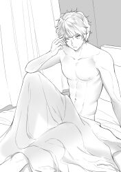1boy bed bed_sheet carrot_(robosquat) collarbone curtains greyscale male_focus messy_hair monochrome naked_sheet navel nipples nude one_eye_closed original sitting waking_up youta_(carrot_robosquat)