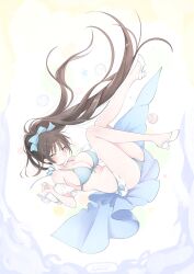 1girl absurdres ass bikini blue_bikini blush bow breasts brown_hair frills hair_bow highres large_breasts legs_up livetarica long_hair navel original shoes simple_background solo stomach swimsuit white_shoes yellow_eyes
