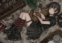1girl absurdres album_cover ankle_boots arm_tattoo band_shirt belt black_boots black_shirt boots brown_hair cd_player cellphone closed_mouth cover cross earrings full_body gishiki_(gshk) grey_skirt hand_tattoo heptagram highres hugging_object jewelry kneehighs knees_up latin_cross looking_at_viewer lying magazine_(object) medium_hair merchandise multiple_piercings on_floor original phone plaid_clothes plaid_skirt plant print_carpet print_shirt red_socks shelf shirt short_sleeves skirt smartphone socks solo spiked_ear_piercing striped_clothes striped_socks studded_belt stuffed_animal stuffed_toy tattoo teddy_bear thigh_belt thigh_strap wolf_cut yellow_eyes