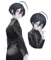 1boy ahoge bishounen black_hair black_jacket blush brown_eyes buttons collared_jacket commentary danganronpa_(series) danganronpa_v3:_killing_harmony embarrassed eyelashes from_behind hair_between_eyes highres holding jacket long_sleeves looking_at_viewer looking_back male_focus muted_color pants pinstripe_jacket pinstripe_pants pinstripe_pattern ringed_eyes saihara_shuichi short_hair simple_background striped_clothes striped_jacket striped_pants sukizukiko vertical-striped_sleeves watermark white_background