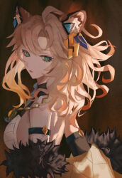 1girl animal_ears aster_(teslavision) blonde_hair breasts fur_trim genshin_impact green_eyes highres jaguar_ears long_hair medium_breasts portrait turning_head xilonen_(genshin_impact)