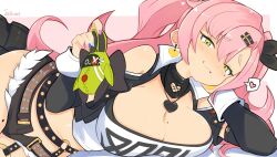 1girl :3 armpit_crease artist_name asymmetrical_bangs bangboo_(zenless_zone_zero) belt black_jacket black_ribbon black_shorts black_sleeves border breasts brown_belt cleavage clothing_cutout crop_top curtained_hair cutoffs earrings fishnet_cutout green_eyes hair_ornament hairclip hand_on_own_face heart heart_collar heart_cutout heart_earrings highres holding holding_stuffed_toy jacket jellcaps jewelry large_breasts light_blush long_hair long_sleeves looking_at_viewer lying micro_shorts midriff mole mole_on_thigh mole_under_eye multicolored_nails navel nicole_demara o-ring o-ring_thigh_strap on_side open_fly outside_border parted_bangs pink_background pink_hair ribbon shirt shorts shoulder_cutout simple_background smug solo strapless stuffed_toy thigh_strap tube_top two_side_up white_background white_border white_shirt white_tube_top white_wrist_cuffs wrist_cuffs zenless_zone_zero