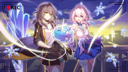2girls absurdres bare_shoulders black_coat black_gloves black_skirt blue_collar blue_dress blue_eyes blue_hair breasts cake chinese_commentary clothing_cutout coat collar colored_tips commentary_request cowboy_shot detached_sleeves dress food front_slit gloves gradient_sleeves grey_hair hapwind highres honkai:_star_rail honkai_(series) march_7th_(honkai:_star_rail) march_7th_(nascent_spring)_(honkai:_star_rail) medium_breasts medium_hair multicolored_eyes multicolored_hair multiple_girls open_clothes open_coat open_mouth pink_dress pink_eyes pink_hair pink_pupils pleated_dress purple_dress purple_eyes recording shirt short_dress skirt smile stelle_(honkai:_star_rail) thigh_strap thighhighs tiara trailblazer_(honkai:_star_rail) two-sided_coat two-sided_fabric two-tone_collar two-tone_eyes viewfinder white_collar white_shirt white_sleeves white_thighhighs yellow_coat yellow_eyes yellow_pupils