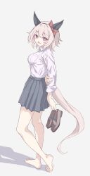 1girl animal_ears barefoot blue_eyes blush curren_chan_(umamusume) feet highres horse_ears horse_girl horse_tail loafers looking_at_viewer medium_hair open_mouth shoes socks soles tail toes tofu_thunder umamusume unworn_shoes unworn_socks white_hair