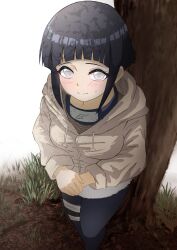 Rule 34 | 1girl, absurdres, black hair, black pants, blush, bob cut, breasts, closed mouth, commission, fishnet top, fishnets, grass, grey eyes, grey jacket, headband around neck, highres, hood, hood down, hooded jacket, hshs-965, hyuuga hinata, jacket, konohagakure symbol, looking at viewer, naruto (classic), naruto (series), outdoors, own hands together, pants, skeb commission, solo, standing, sweatdrop, tight clothes, tight pants, tree