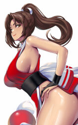 1girl breasts bridal_gauntlets brown_eyes brown_hair closed_mouth fatal_fury fingernails hand_on_own_hip highres large_breasts long_hair looking_at_viewer ninja ponytail shiranui_mai sideboob simple_background smile snk solo takanashi-a the_king_of_fighters thighs white_background