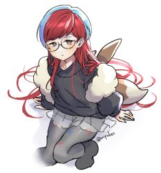 1girl alternate_hair_length alternate_hairstyle black_jacket blue_hair closed_mouth glasses grey_eyes grey_pantyhose highres jacket long_hair long_sleeves looking_at_viewer mipokec multicolored_hair nintendo pantyhose penny_(pokemon) pokemon pokemon_sv red_hair solo twitter_username two-tone_hair very_long_hair white_background