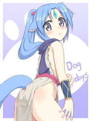 Rule 34 | 10s, 1girl, animal ears, blue hair, blush, copyright name, cowboy shot, dog days, female focus, forehead jewel, from side, gold trim, horse girl, long hair, looking at viewer, no panties, outside border, pizanuko, ponytail, purple eyes, sharu (dog days), side slit, solo, tail