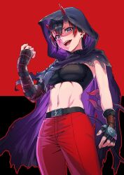 1girl aduti_momoyama alternate_costume bandeau belt black_background black_bandeau black_belt black_gloves black_horns breasts cloak commentary_request cowboy_shot crossed_bangs demon_girl demon_horns demon_tail earrings fingerless_gloves gloves gradient_horns hair_between_eyes highres hood hooded_cloak horns jewelry looking_at_viewer medium_breasts midriff multicolored_horns nanashi_inc. navel open_mouth pants purple_cloak red_background red_horns red_pants ryugasaki_rene short_hair smile solo tail two-tone_background virtual_youtuber
