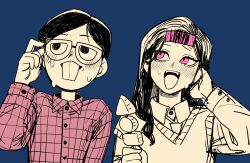 Rule 34 | 1boy, 1girl, aegyo sal, black hair, blue background, blush, checkered clothes, dokgo hyeji, embarrassed, food, glasses, hair rollers, highres, holding, long hair, looking at another, mole, mole under eye, necktie, oden, pink eyes, red shirt, shirt, simple background, sparrowl, sweat, vest, waktaverse