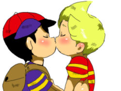 artist_request bad_tag black_hair child hat kiss lucas_(mother_3) mother_(series) mother_2 mother_3 ness_(mother_2) nintendo shirt shota striped_clothes striped_shirt super_smash_bros.