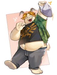 +++ 1boy aged_down asgore_dreemurr bag bara barefoot belly black_shirt blonde_hair closed_eyes commentary english_commentary facing_viewer fangs fat fat_man floppy_ears furry furry_male goat_horns goat_tail green_shirt grey_pants highres holding holding_bag horns male_focus midriff_peek navel notice_lines open_clothes open_mouth open_shirt pants plastic_bag shirt skin_fangs smile tazaa_(unatazaamarilla) track_pants triforce_print unbuttoned unbuttoned_shirt undertale white_fur