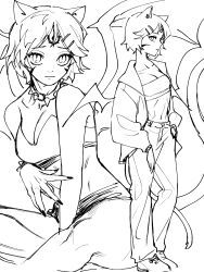 animal_ears black_nails breasts cat_ears cat_girl cleavage closed_mouth demon_wings eyelashes facial_mark forehead_mark hair_ornament hairclip highres jacket maplestory monochrome multiple_views navel original pants parallel_hairclips qjqjqjql short_hair sketch slit_pupils wings