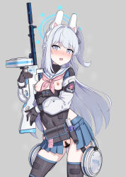 1girl absurdres animal_ears bar_censor bimbofication black_bow black_gloves blue_archive blue_halo blue_skirt blush bow braid breastless_clothes breasts censored commentary_request condom condom_packet_strip condom_wrapper corruption dark_persona dildo fake_animal_ears gloves gozaru grey_background grey_hair gun hair_bow half-skirt half_up_braid halo highres holding holding_gun holding_weapon long_hair looking_at_viewer miniskirt miyako_(blue_archive) neckerchief no_bra no_panties object_insertion one_side_up paid_reward_available pink_gloves pink_neckerchief pleated_skirt purple_eyes pussy revealing_clothes sailor_collar sex_toy simple_background skirt small_breasts solo studded_gloves submachine_gun suomi_kp/-31 turtleneck two-tone_gloves vaginal vaginal_object_insertion weapon
