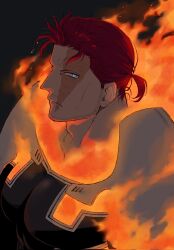 Rule 34 | 1boy, adam&#039;s apple, alternate hairstyle, bara, beard stubble, bodysuit, boku no hero academia, dark, endeavor (boku no hero academia), facial hair, fire, from side, frown, highres, large pectorals, low ponytail, ma (maa21maa), male focus, mature male, muscular, muscular male, pectorals, ponytail, profile, pyrokinesis, scar, scar across eye, scar on face, short hair, sideburns, sideways glance, solo, spiked hair, stubble, thick eyebrows, upper body