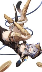 1girl animal_ears artist_name blue_eyes boots breasts cat_ears cat_girl cat_tail cipher_(honkai:_star_rail) grey_hair high_heels highres honkai:_star_rail honkai_(series) large_breasts liverpool0427 long_hair looking_at_viewer simple_background solo tail thigh_boots thighs white_background