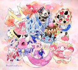 Rule 34 | alternate color, black bow, blue bow, blue dress, bow, braixen, club (shape), crystal, diamond (shape), dragonair, dress, espeon, food, fruit, gen 1 pokemon, gen 2 pokemon, gen 4 pokemon, gen 6 pokemon, glaceon, heart, heliolisk, highres, ivysaur, nintendo, no humans, non (kumakawayusu), open mouth, painting (medium), pancham, pink dress, pokemon, pokemon (creature), shiny pokemon, slurpuff, spade (shape), strawberry, sylveon, traditional media, watercolor (medium)